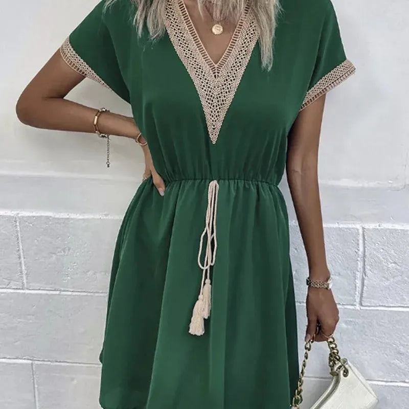 Elegant Women's White Dresses 2023 Summer Solid Short Sleeve Lace V-Neck Waistband Female Beach Midi Dress S-XXXL