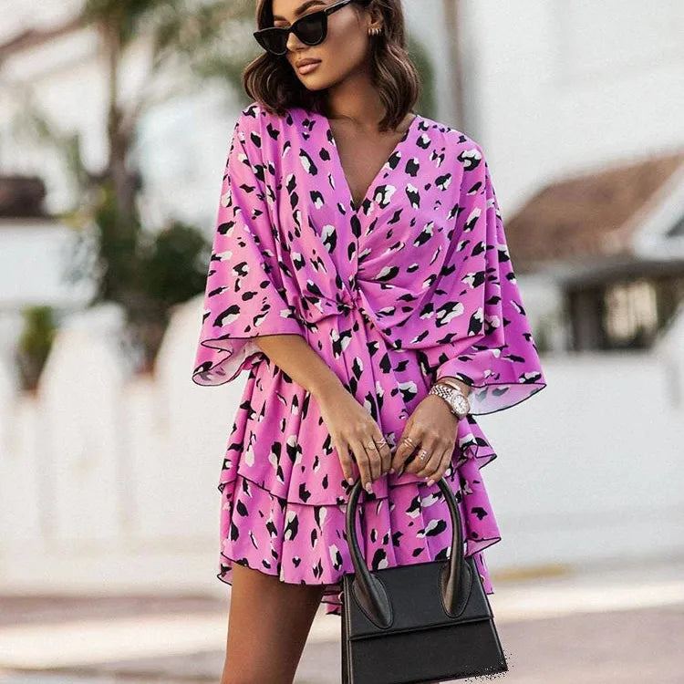 Elegant Office Dress For Wome's Casual Bat Sleeve Flowers Print Bohemian Beach Vacation Sundress Women Summer Ruffl Mini Dresses