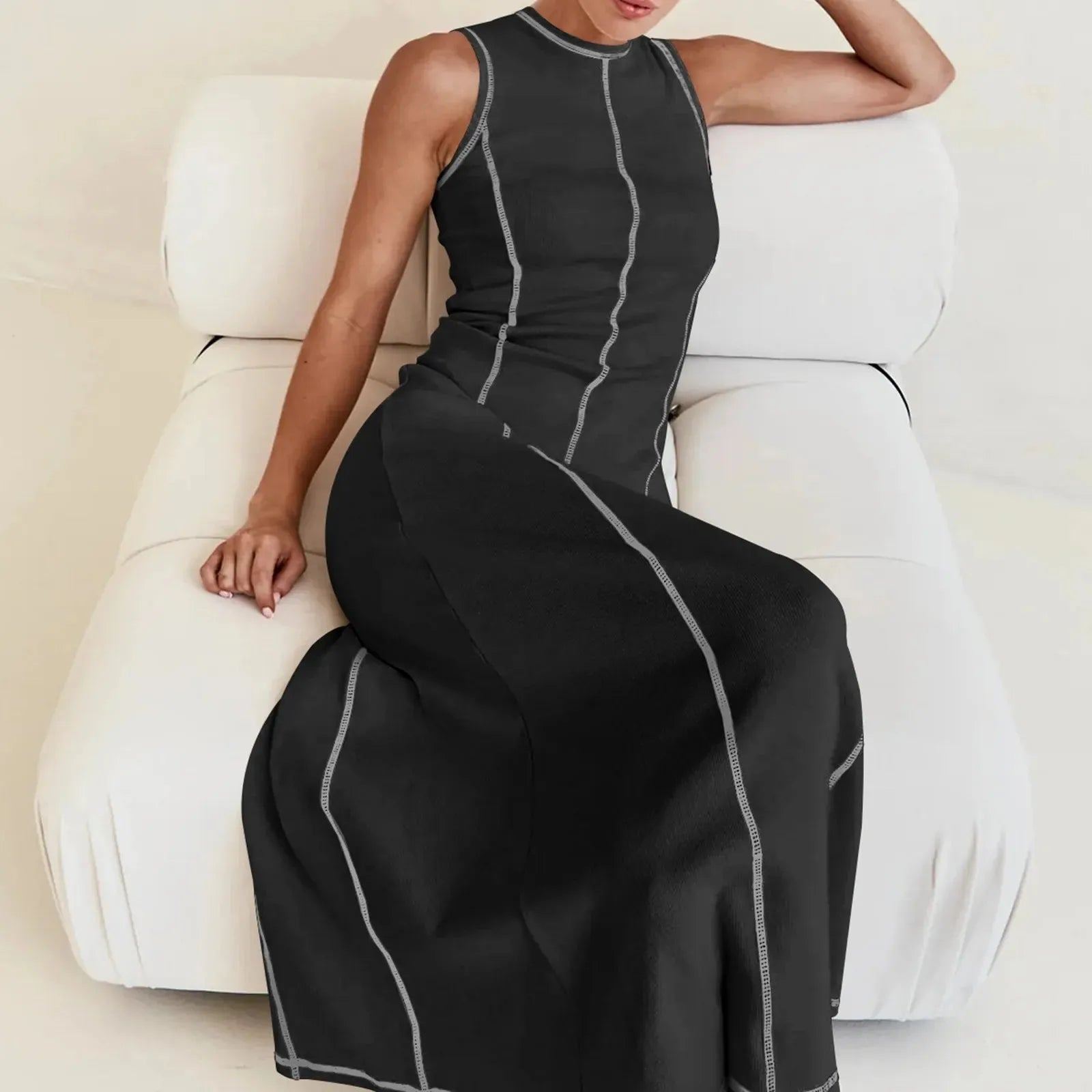 New Contrasting Line Dress Round Necked Sleeveless Slim Fit Vest Dresses For Women Summer Fashion Trend All-Match Vacation Dress