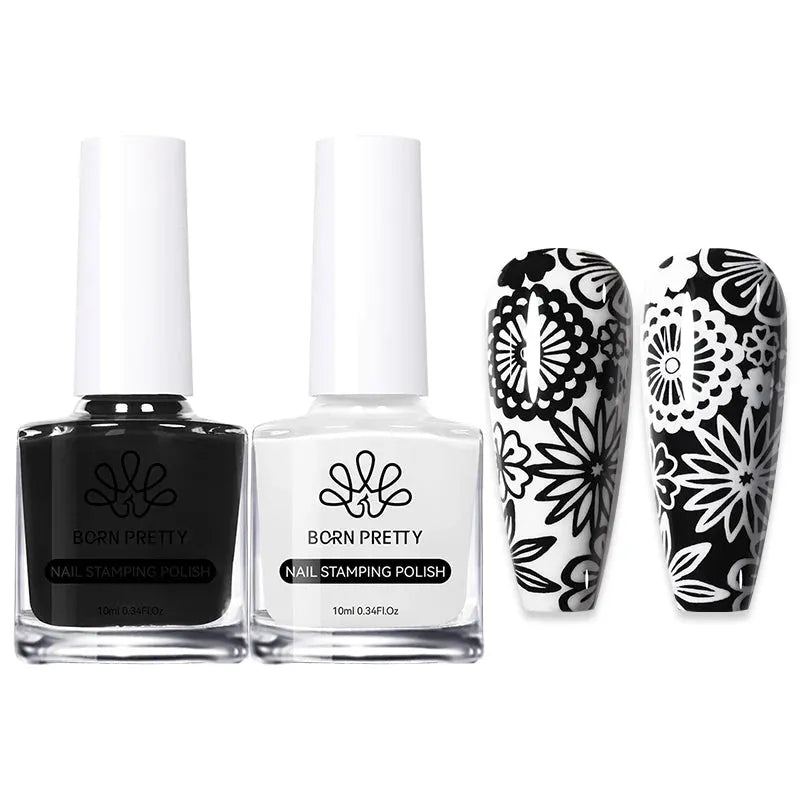 BORN PRETTY 2Pcs/Set 10ML Black White Nail Stamping Polish Varnish Gold Silver for Nail Art Plates Stamp Oil Stamping Series
