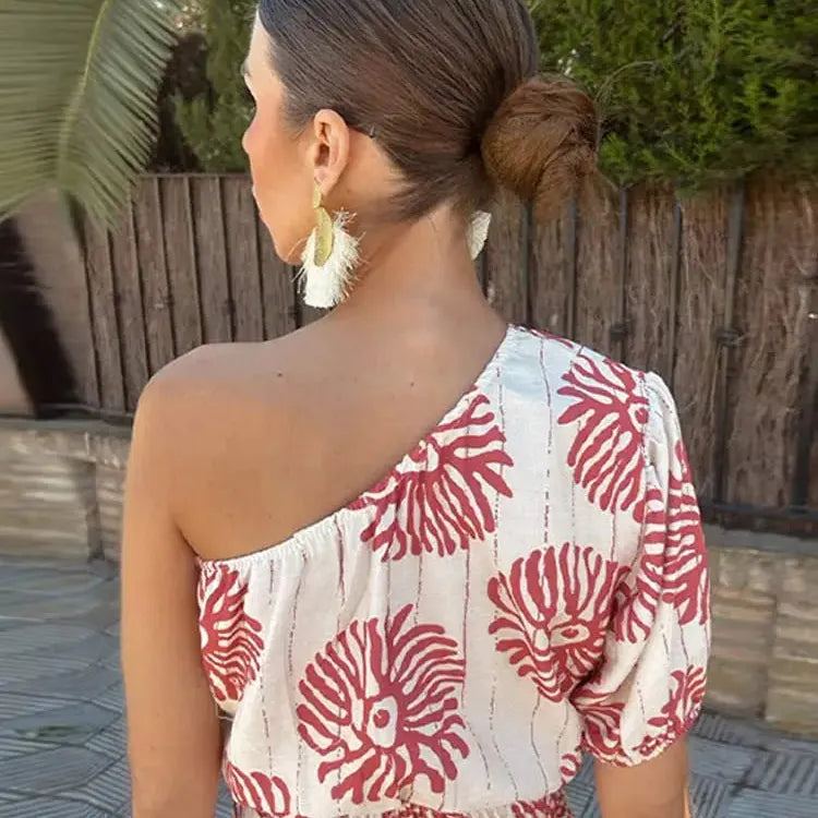 Fashion One Shoulder Print Dress For Women Fashion High Waist Bodycon A-line Skirt 2024 Ladies Holiday Beach Party Vestidoes