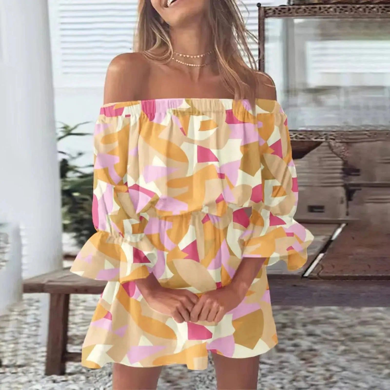 Boho Dresses for Women 2023 Summer Sexy Off Shoulder Floral Print Flare Sleeve Tunic Dress Women Casual Mini Sundress Vestido