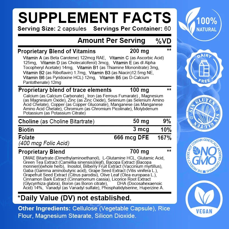 Powerful 14-in-1 Brain Booster - Supports Brain & Nervous System Health, Promotes Focus & Clarity, Boosts Cognitive Antioxidant