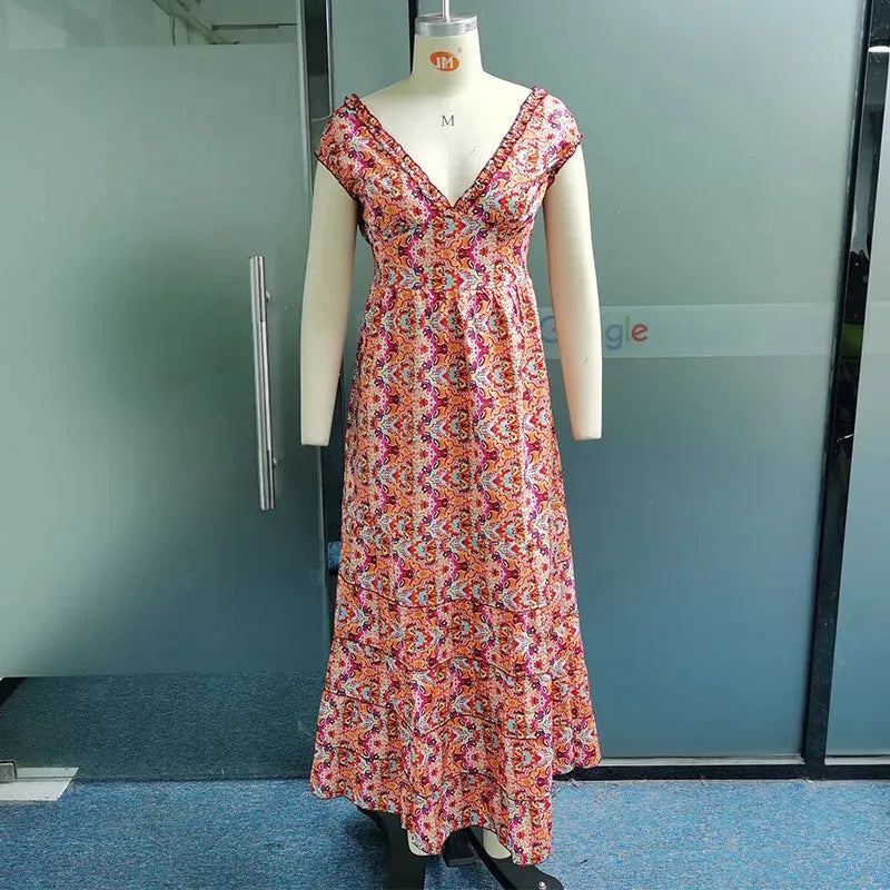 Women Maxi Dress Fashionable Strapless Short Sleeve V Neck