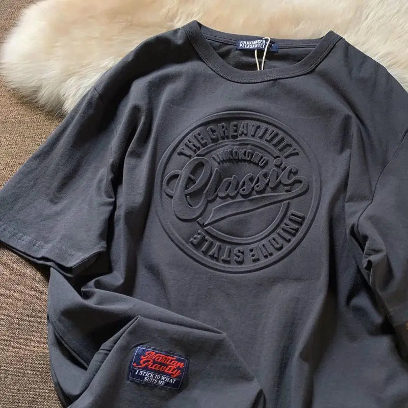 Vintage Men's Summer New Short Sleeve O-neck Printing Letter Tops Tees Solid Youth All-match T Shirts Trend Casual Men Clothing