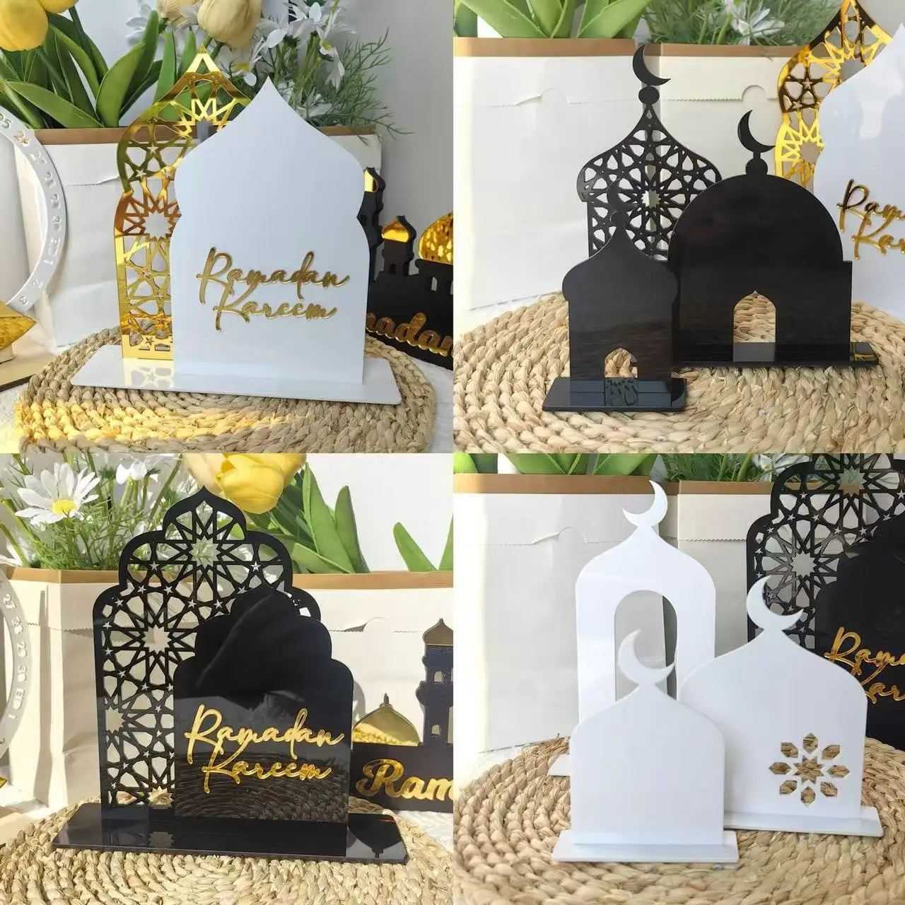 Muslim Ramadan Festival black white solid color metal desktop ornaments decorated with gold printing hollow printing decorations
