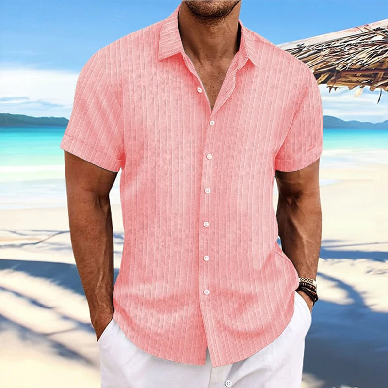2024 Summer Beach Casual Shirts Men Short Sleeve Fashion Striped Texture Loose Shirt Daily Leisure Mens Clothes Vintage Cardigan