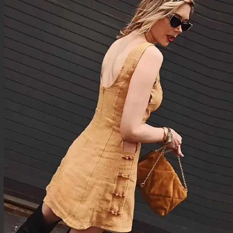 Chic Side Beaded Hollow Out Women Mini Dresses O-neck Backless Sleeveless Slim Dress 2024 Spring Lady High Street Vestidos