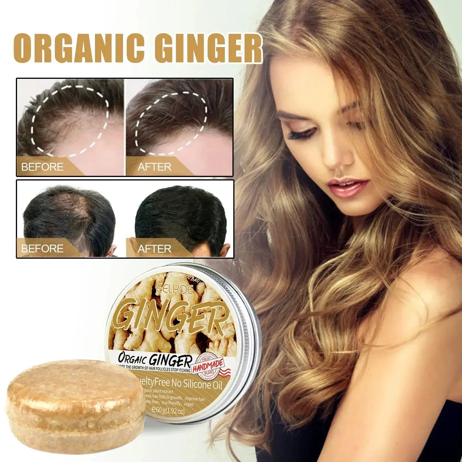 Ginger Shampoo Soap Natural Original 100% Pure Prevent Hair Loss Cleansing for Scalp Thickens Hair Moisturizes Softens