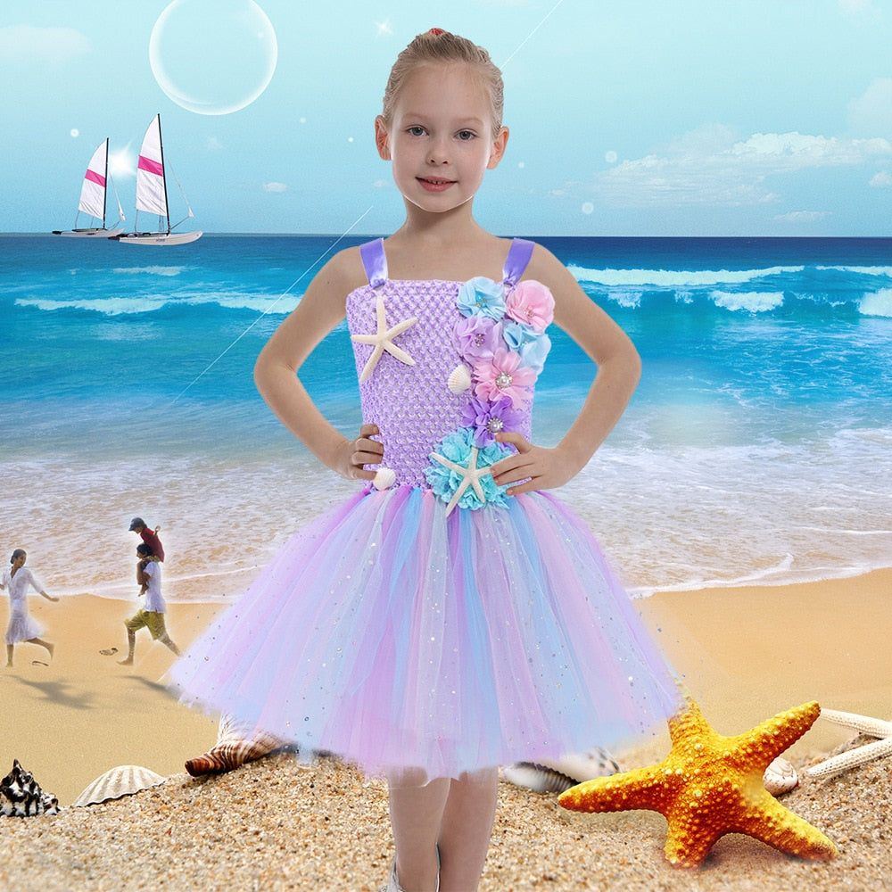 Girls Pastel Ariel Mermaid Tutu Dress Under the Sea Theme Birthday Party Costume with Flower Headband Ocean Flower Dresses 1-12Y