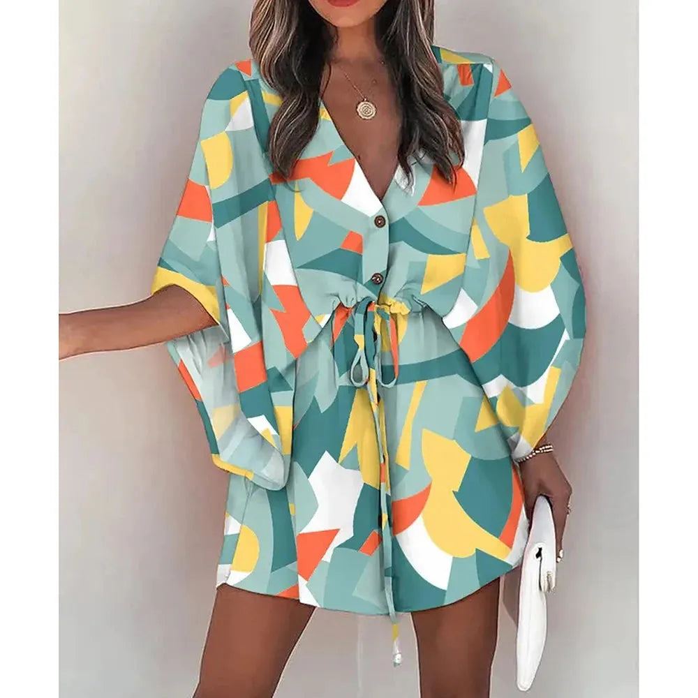 Holiday Style Dresses Women Sexy V-neck Batwing Sleeve Lace-up Fashion Printed Dress Summer Beach Causal Half Sleeve Short Dress