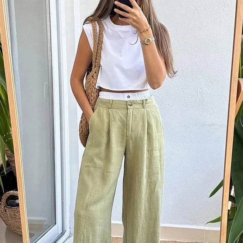 Women Two Piece Set Summer Casual Simple Solid Round Neck Sleeveless Tank Loose With Pocket Pants Sets High Streetwear