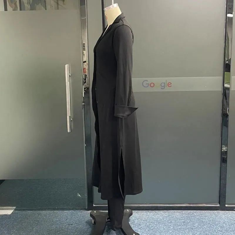 Women Two Piece Set Autumn Casual Simple Solid Lapel Single Breasted Button Long Sleeve Long Shirt Top Slim Pants Sets