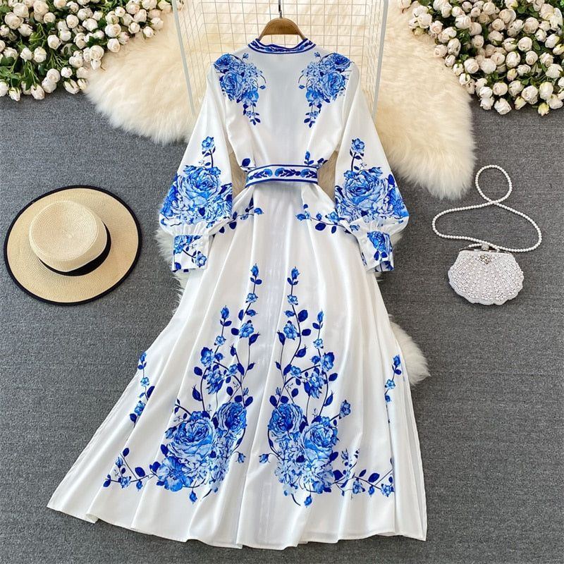 Spring Vintage Flower Print Long Dress With Belt Stand Collar Lantern Sleeve Single-breasted Party Vestido Elegant Women Dresses - Jointcorp