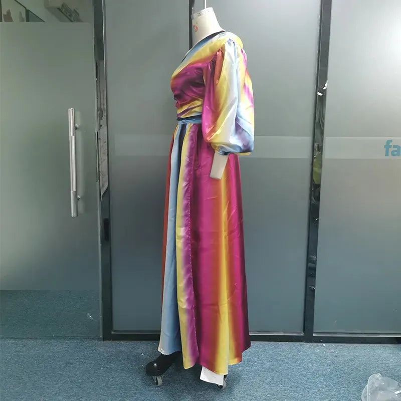 Women Maxi Dress Fashion Colorful Striped One Shoulder