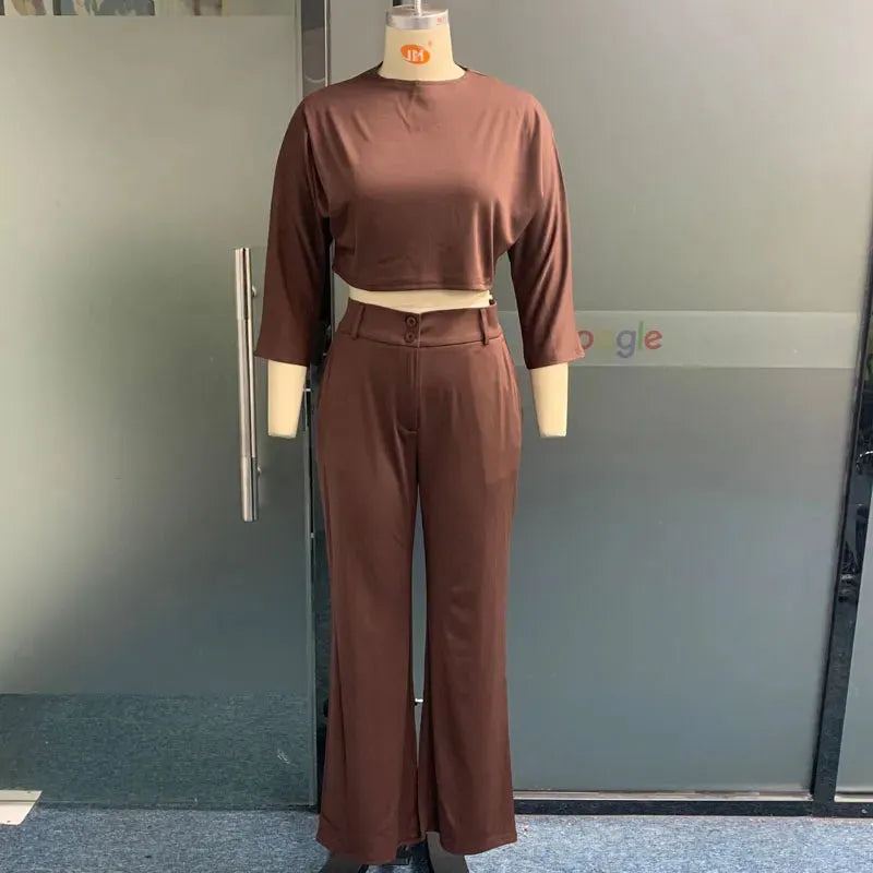 Women Two Piece Set 2023 Autumn Casual Solid Round Neck Half Sleeve High Waist Top Straight Loose Pants Set Streetwear