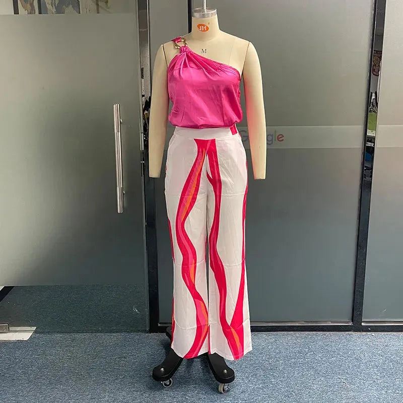 Women Two Piece Sets Summer Casual Solid One Shoulder Metal Ring Sleeveless Top Loose Printed Wide Legs Pants Sets