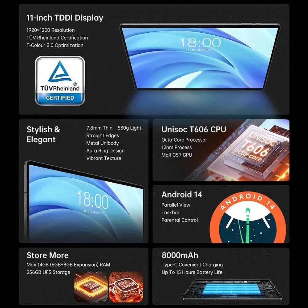 Teclast T50HD 11 Inch Tablet Android 14 T606 8-core Max 14GB RAM 256GB ROM TDDI Fully Laminated TÜV Certified 4G LTE 8000mAh GPS