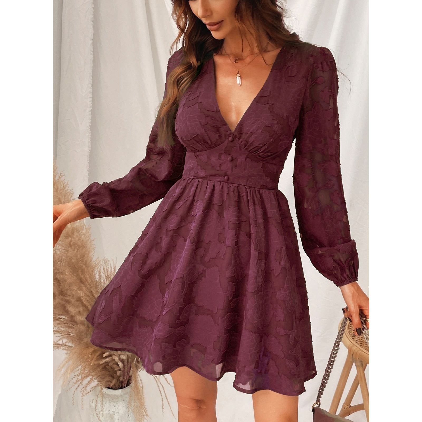 MISS PETAL Plunge A-Line Mini Dress Woman Green Sexy Long Sleeve Party Dress 2023 Spring Autumn Female Sundress Vintage dresses - Jointcorp