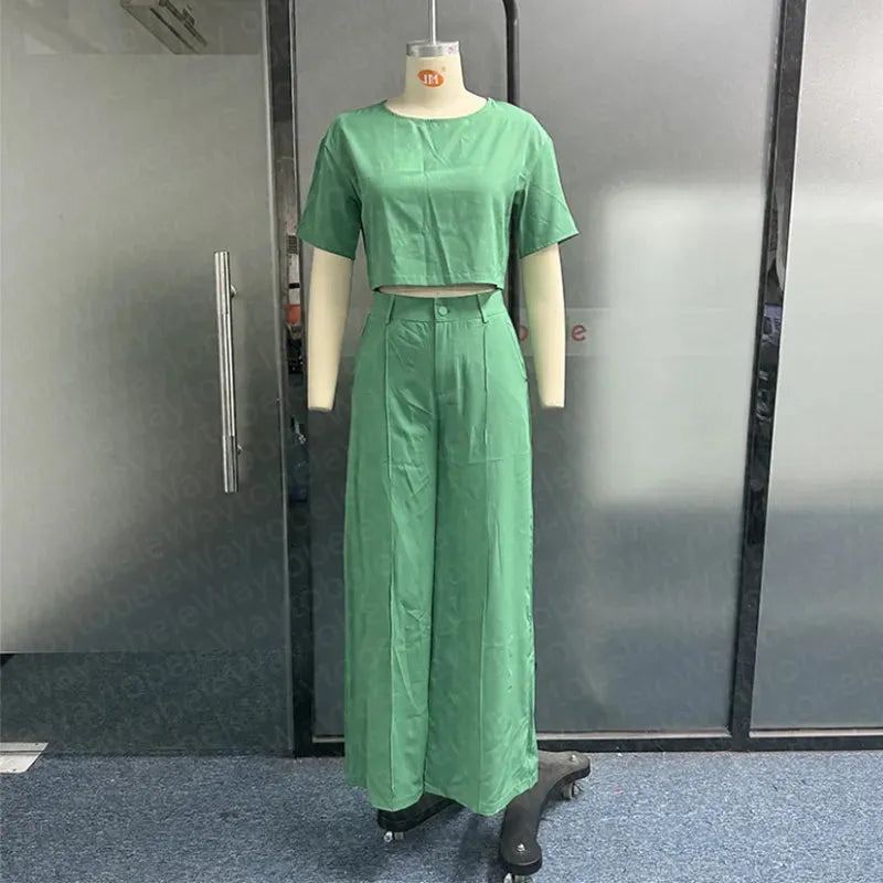 Women Two Piece Set Summer Casual Solid Short Sleeve Round Neck Top Loose With Pockets Pants Sets High Streetwear