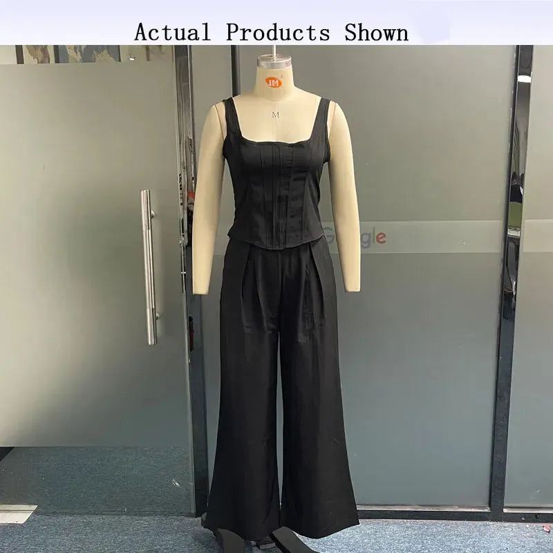 Women Two Piece Set Summer Fashion Sleeveless Square Neck Suspender Slim Top Loose Wide Legs Pants Sets Streetwear