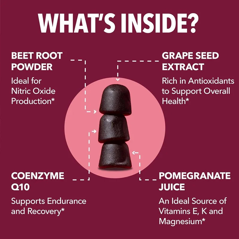 Beet root gummies contain coenzyme Q10 energy supplements and pomegranate extract, supporting 60 healthy energy pills
