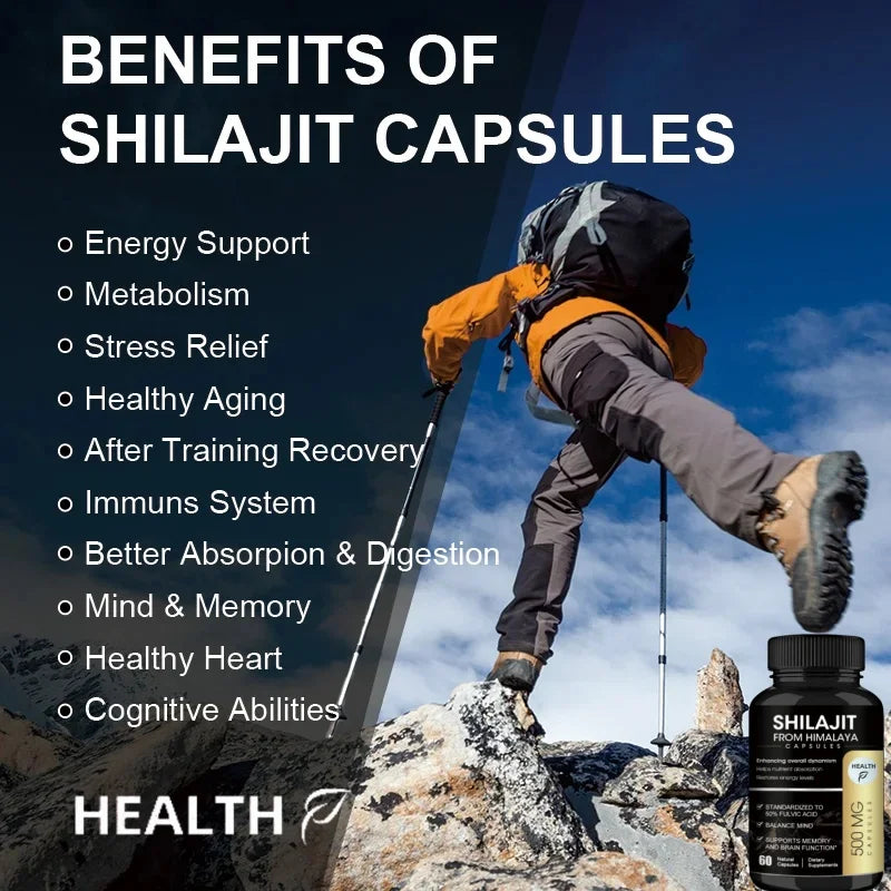 Organic Shilajit Capsules with Ginseng & 50% Fulvic Acid & Trace Minerals Supplement Support Brain and Focus, Energy