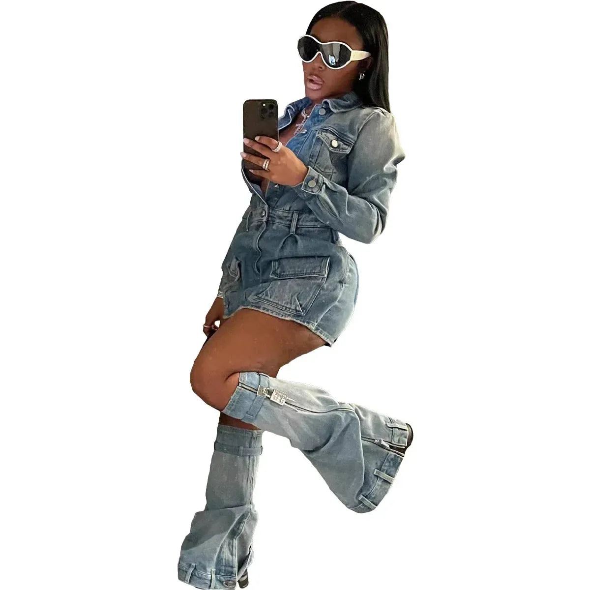 European and American Women's Fashion Sexy Multi Pocket Wash Denim Dress Women's Denim Skirt dress streetwear