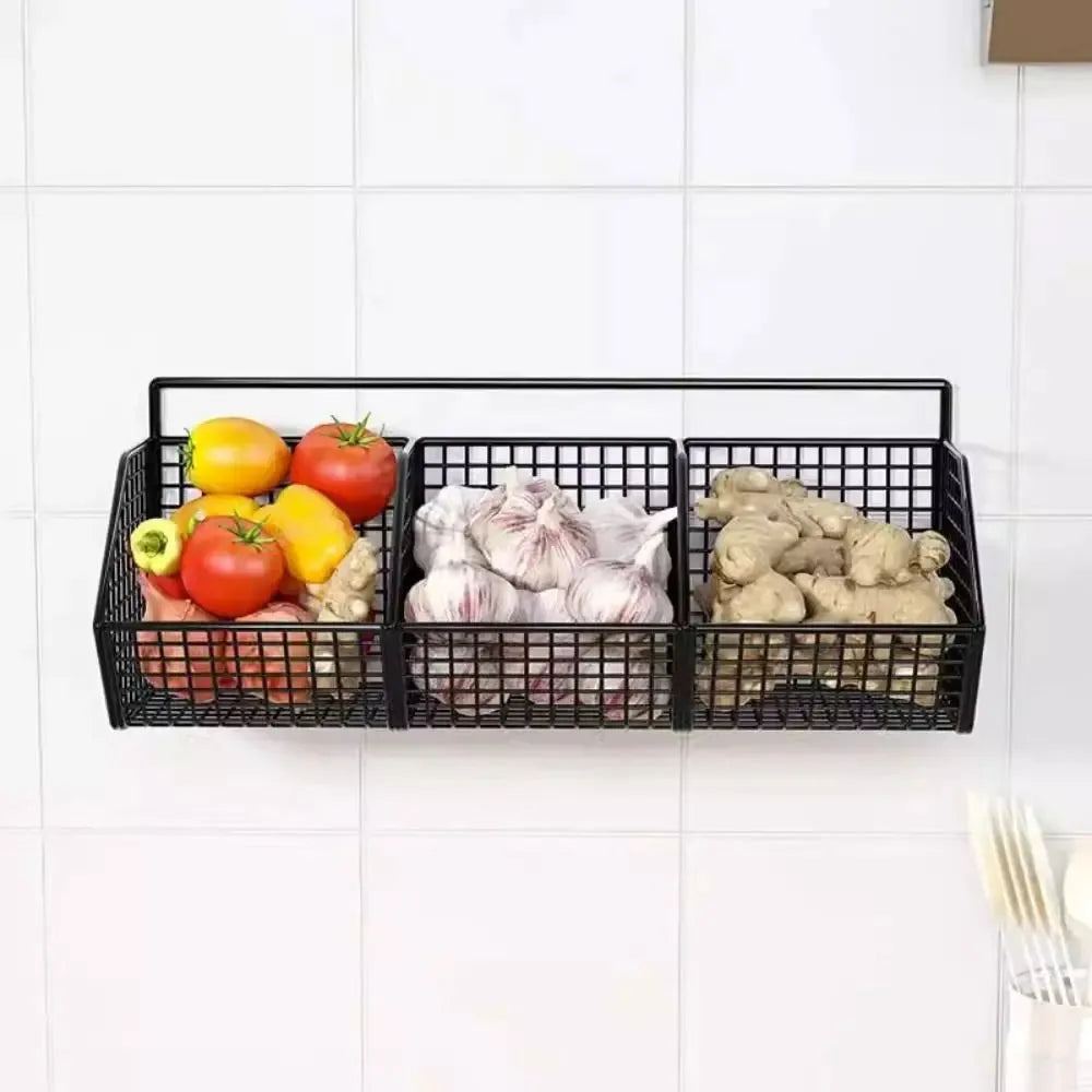 Wall Mounted Storage Rack Onion Ginger Garlic Condiments Spice Kitchen Shelf Punch-Free Vegetable Fruit Drain Basket Kitchen
