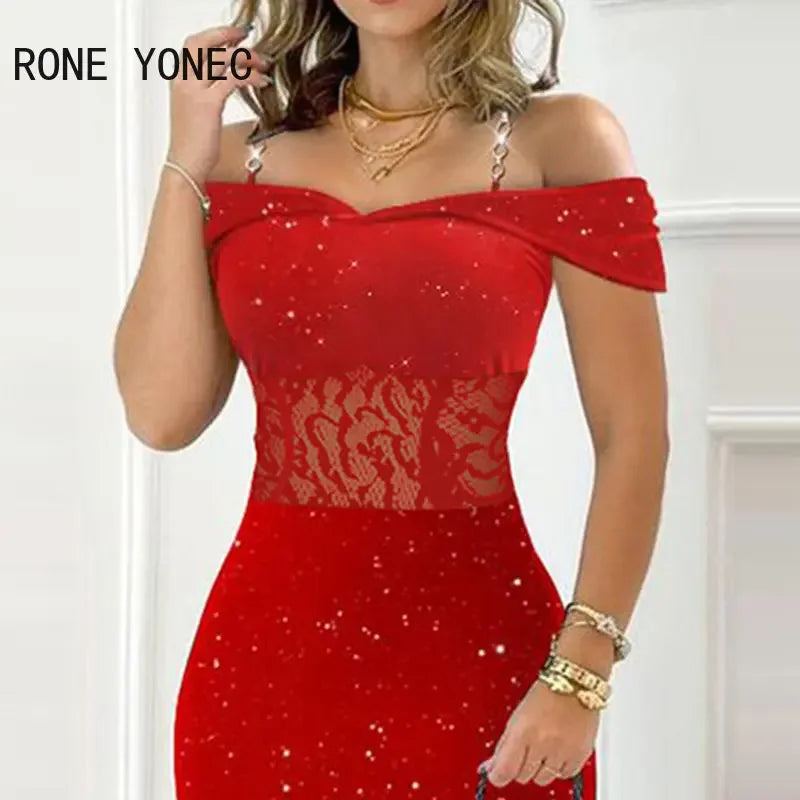 Women Glitter Lace Patch Chain Decor Straps Slash Collar Bodycon Mini Party Red Dress
