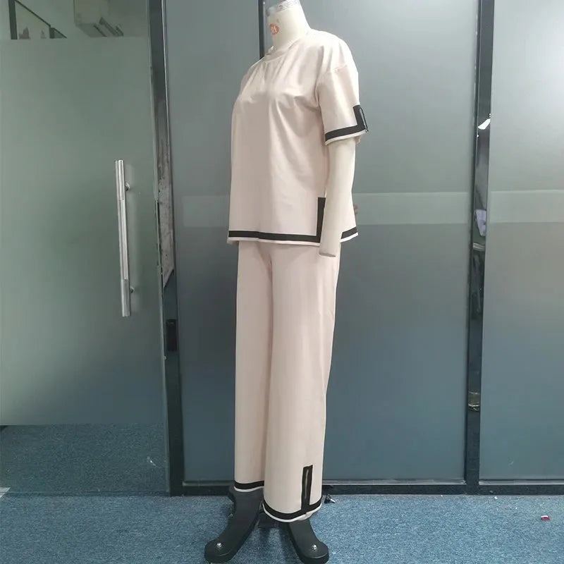 Women Two Piece Set Summer Casual Splicing Round Neck Short Sleeve Top Loose Wide Legs With Pockets Slit Pants Sets