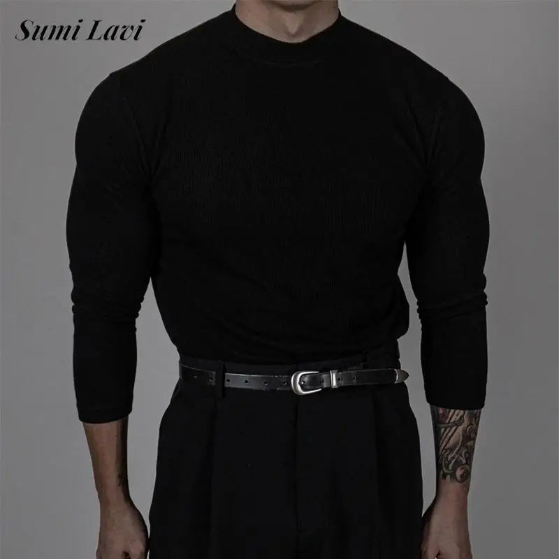 Fashionable Ribbed Solid Color Bottoming Tee Men Autumn Casual Mock Neck Long Sleeve Slim T-shirt For Mens Stylish Basic T Shirt