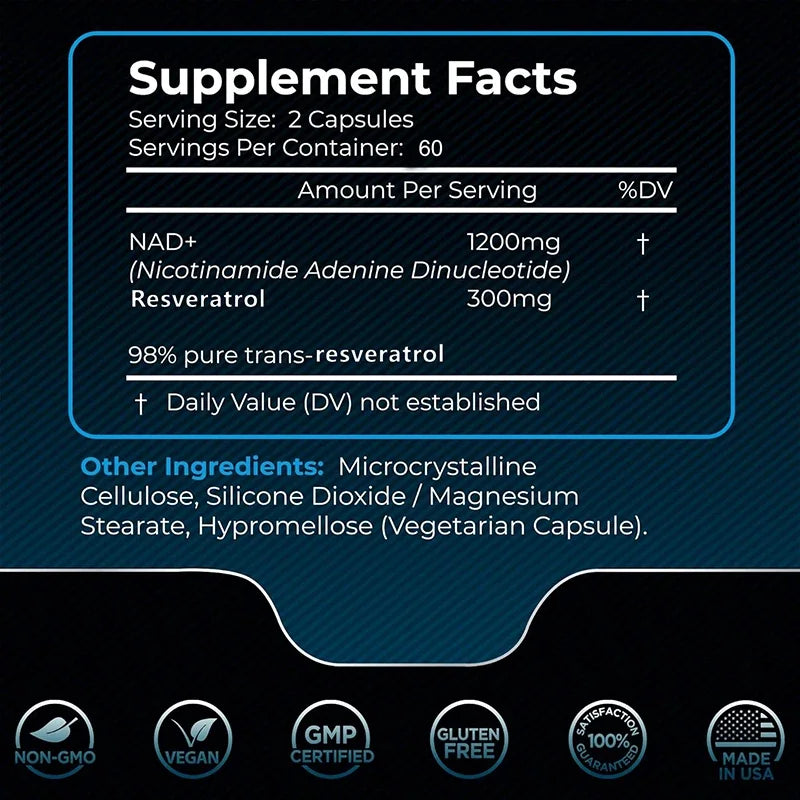 NAD+ Supplements - with Resveratrol - Natural Energy Supplement, Support Cell Health, Anti-aging, Enhance Immunity