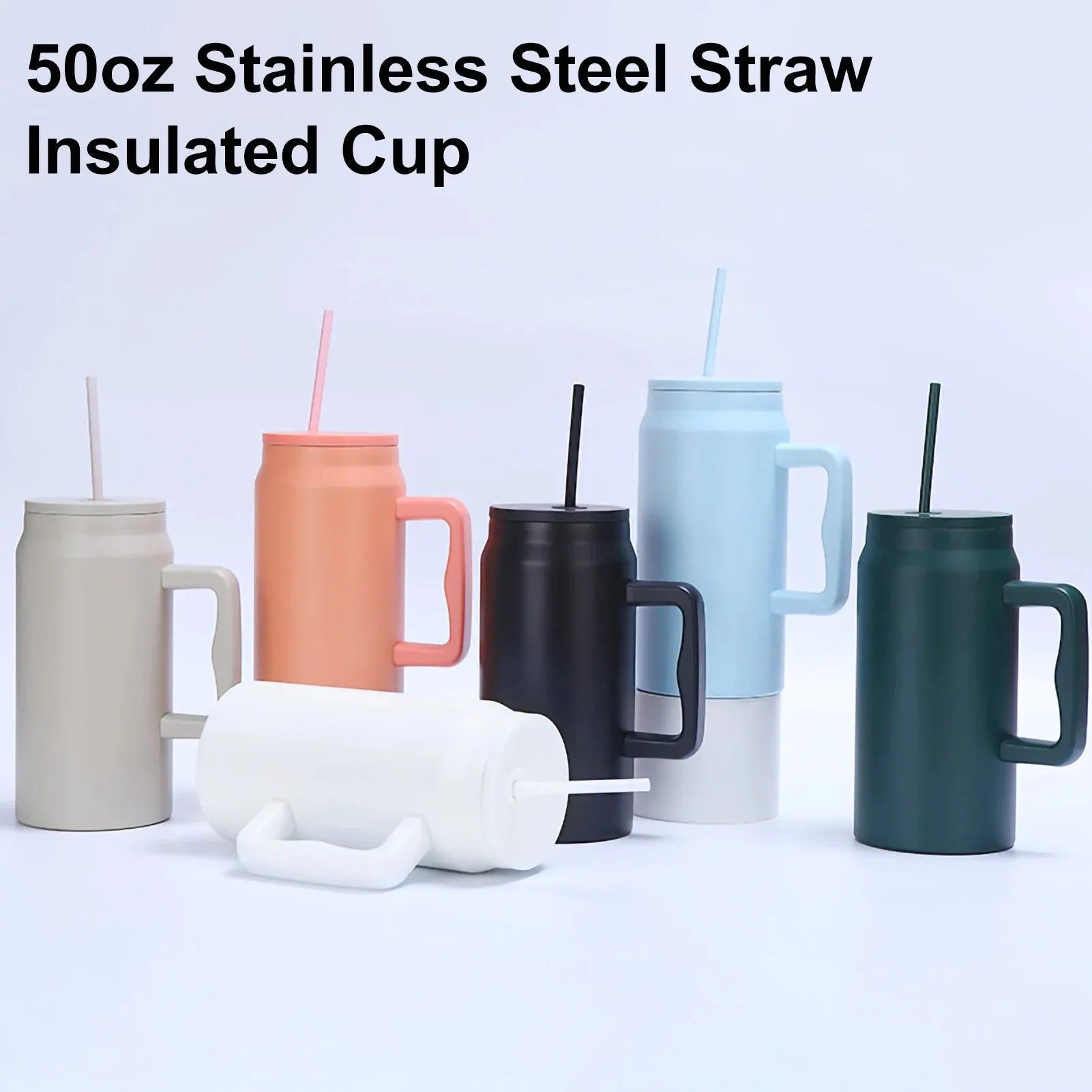 50Oz Stainless Steel Thermos Cup Large Capacity Straw Cups Vacuum Insulated Mugs Outdoor Portable Cup Handle Bottle
