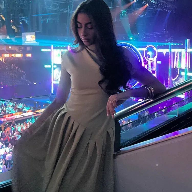 Chic Solid High Collar Pleated Patchwork Dress Elegant Short Sleeved Slim Fit A-line Dresses 2024 New Lady High Street Robe