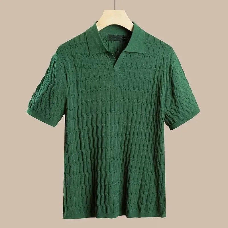 Luxury Summer Solid Casual Polo Shirts Men Sexy Slim Fit V-Neck Knitted Tops Men's Jacquard Short Sleeve Shirts Leisure Knitwear