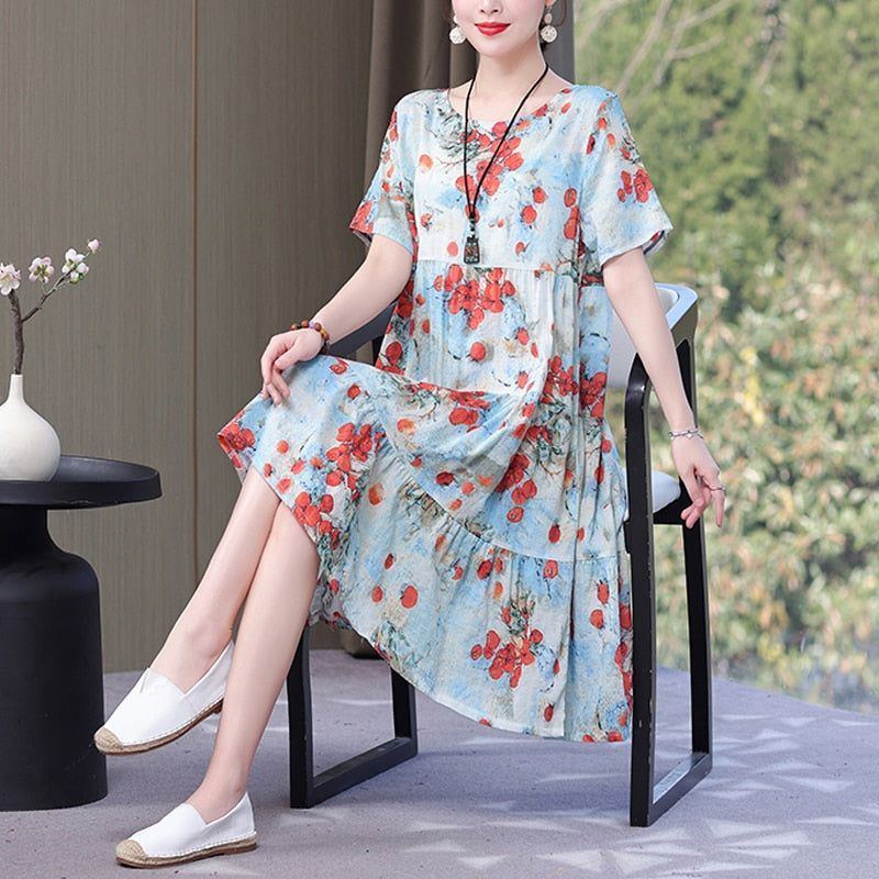 Women's dress, 2023, O-neck, printed, loose fit cotton, plus size - Jointcorp