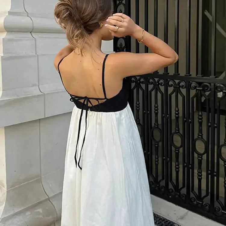 Women Elegants Ling Maxi Dress Fashion Black Patchwork White Backless Sleeveless Vestidos 2024 Summer Lady Beach Vacation Robes