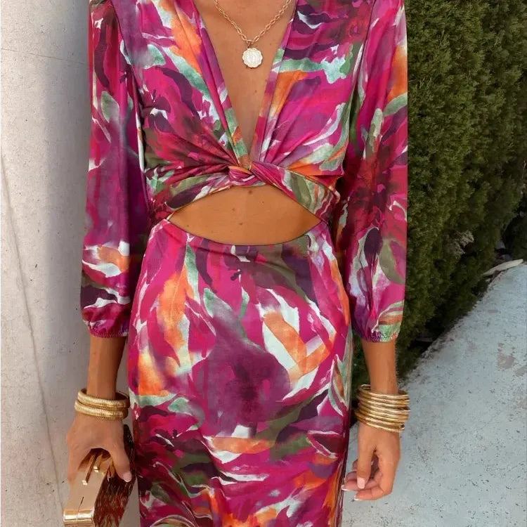 Women Chic Floral Printed Long Dresses Elegant Long Sleeve Hollow Out Robes 2024 Summer Vacation High Street Party Vestidos
