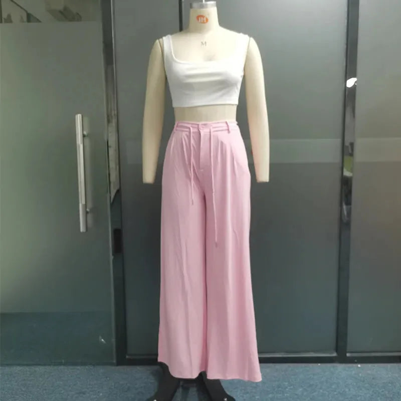Women Two Piece Set 2023 Summer Casual Sleeveless Square Neck Solid Tank Top Loose Wide Legs Drawstring Pants Sets