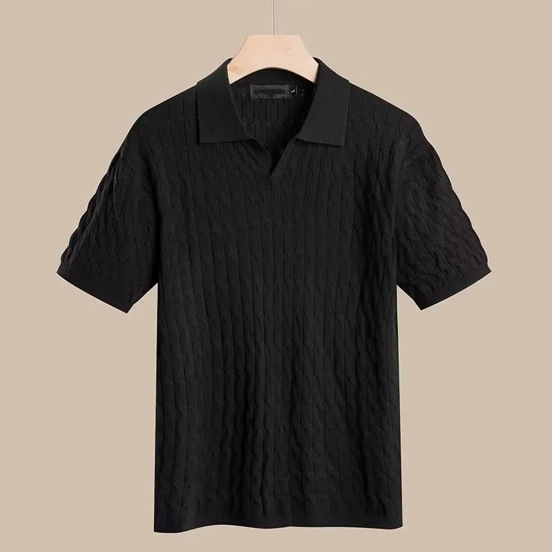 Luxury Summer Solid Casual Polo Shirts Men Sexy Slim Fit V-Neck Knitted Tops Men's Jacquard Short Sleeve Shirts Leisure Knitwear