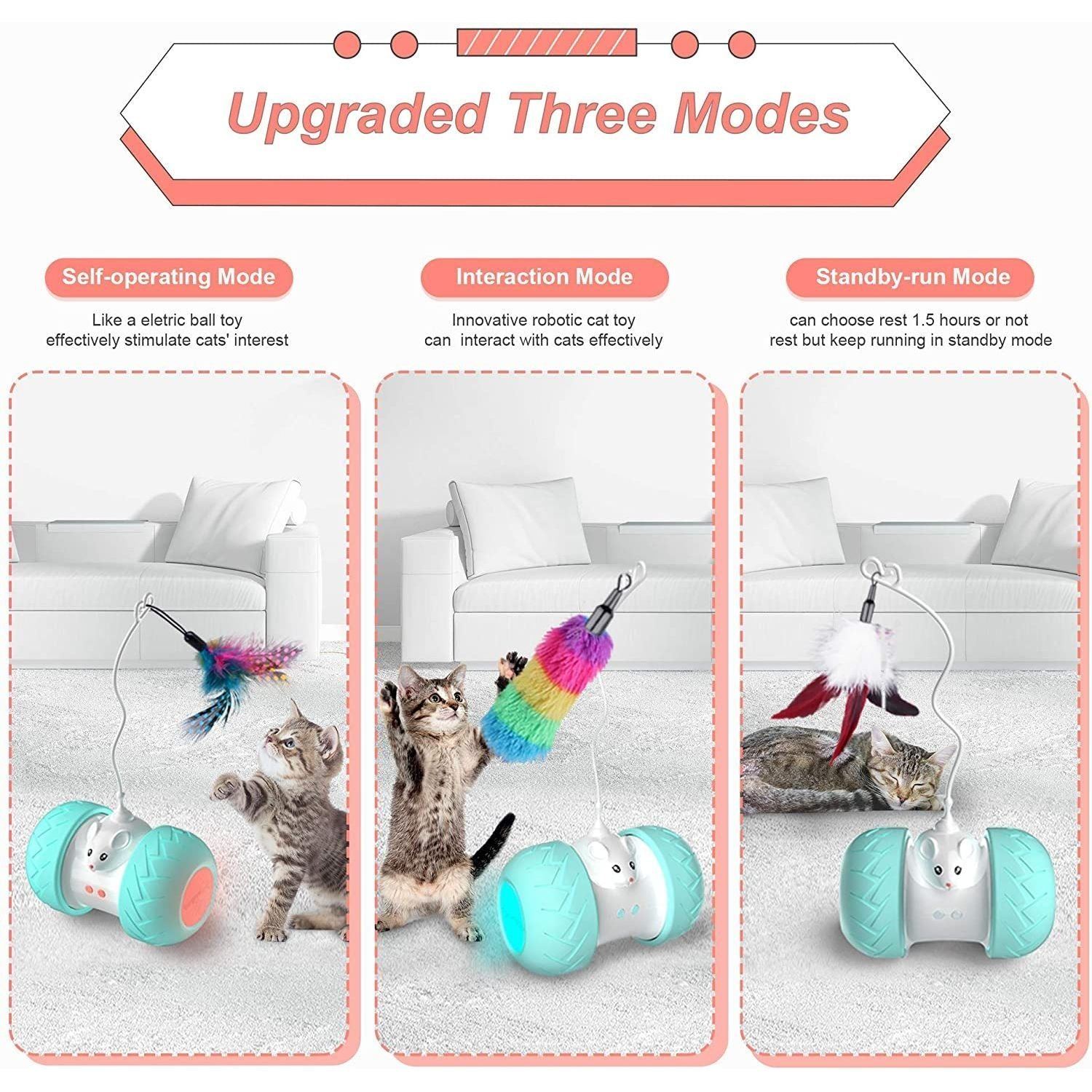 Interactive Cat Toys for Indoor Cats, Automatic Kitten Toys Electronic with Mouse and 3 Feathers for Cats to Play Alone Exercise - Jointcorp