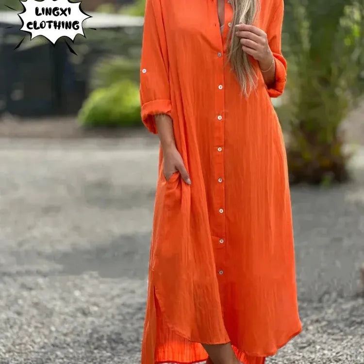 Summer New Women's Cotton and Hemp Plus Size Dress Elegant Shirt Long Dress Fashionable Casual Long Sleeve Beach Style Dress
