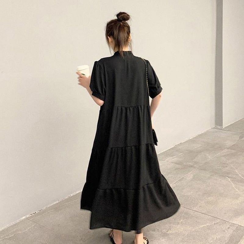 Summer New Solid Pleated Lacing Long Dress Bow Short Sleeve Loose Plus Size Casual Dresses Simplicity Fashion Women Clothing - Jointcorp