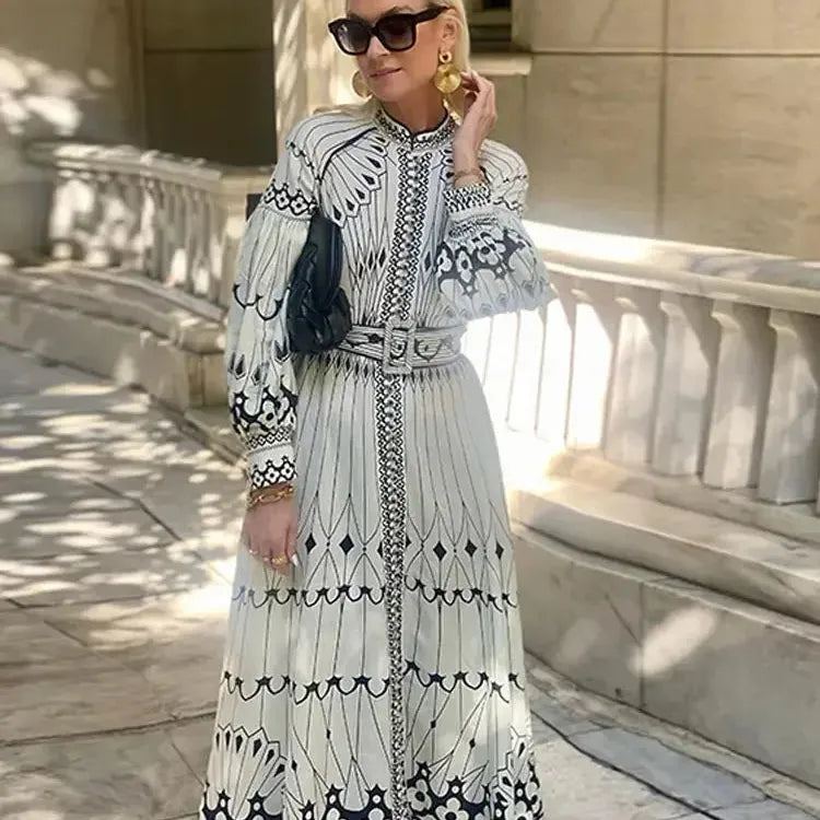 Women Vintage Patchwork Print Dress Lady Fashion Stand Collar Long Sleeve High Waist Midi Dresses Female Elegant Party Vestidos