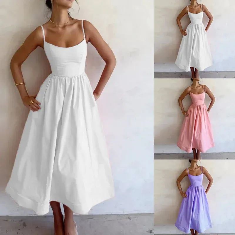 Plus Size Suspender Frock Women Dress U-neck Female Clothing Pleated Large Hem Dress Summer Streetwear Valentine's Day Outfits