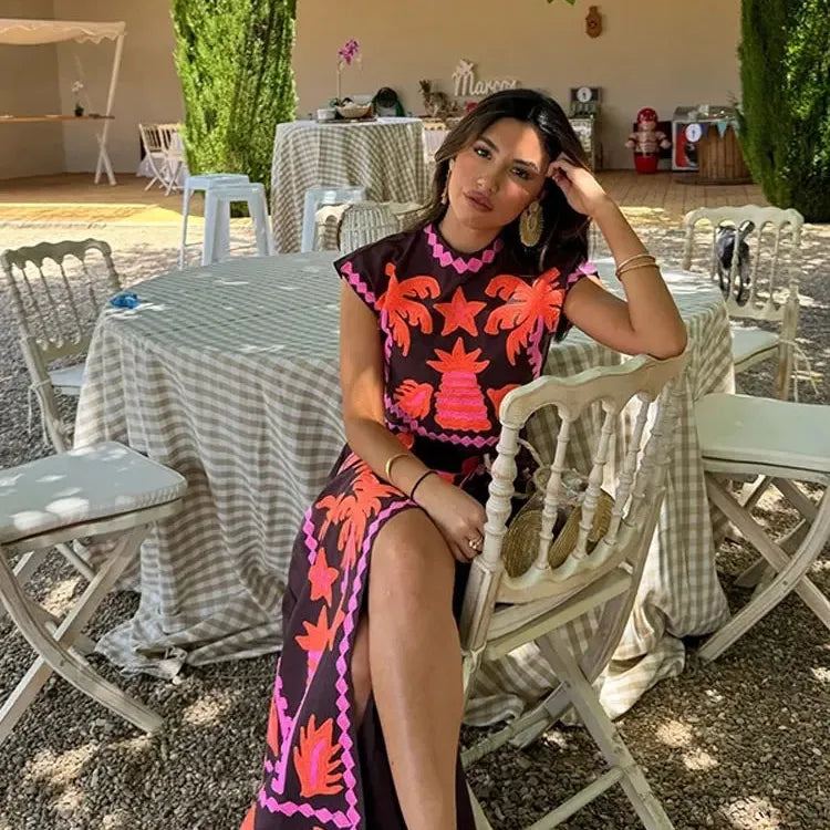 Summer Female Vintage Printed Long Skirts Suits Chic Round Neck Sleeveless Crop Tops High Waist Skirt Set Female Street Outfits