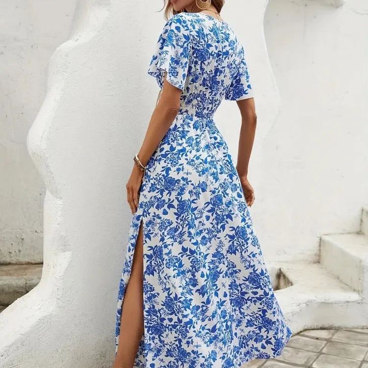 In stock 2024 women's bohemian printed sexy V-neck short sleeved dress