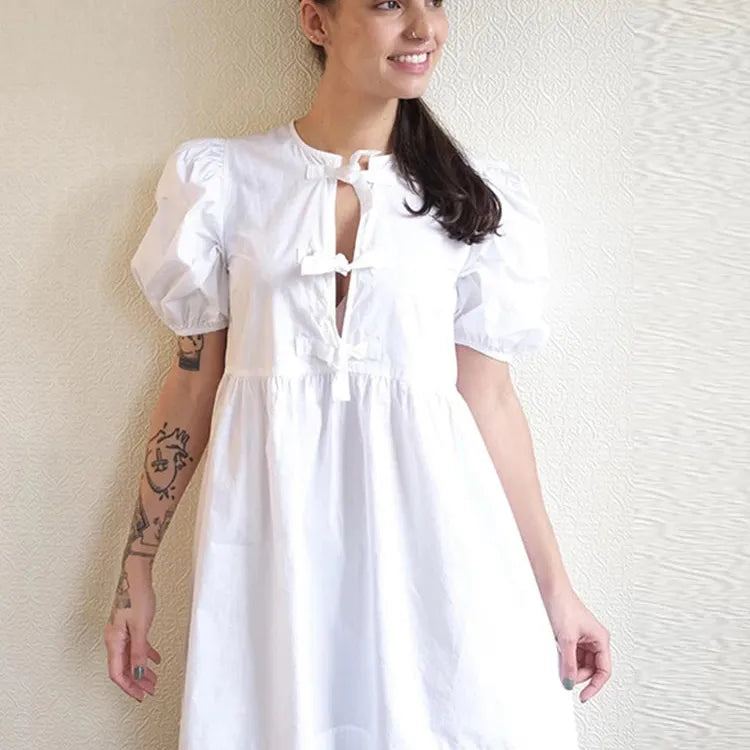 Leopard Print Bow Lace Up Mini Dress for Women O-neck Hollow Out Short Puff Sleeve Sweet Dresses 2024 Summer A-line Lady Vestido
