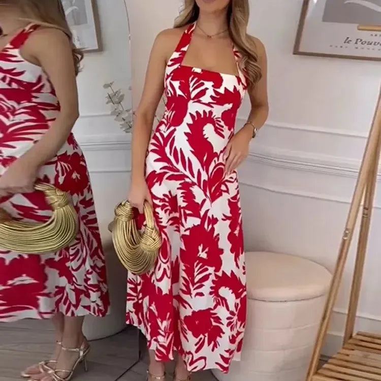 Fashion Red Print Halter Midi Dress Women Slim Off Shoulder Backless Vestidos 2024 New Casual Female Beach Maxi Dresses